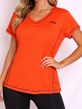 Fila Bright Orange V-Neck Tee with Black Details